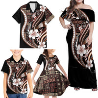 Samoa Siapo Tribal Pattern Family Matching Off Shoulder Maxi Dress and Hawaiian Shirt Brown Polynesian Plumeria Tapa Motif LT9 - Polynesian Pride