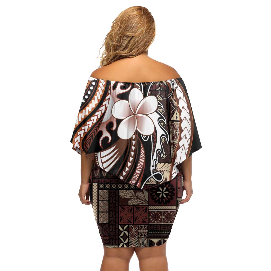 Samoa Siapo Tribal Pattern Family Matching Off Shoulder Short Dress and Hawaiian Shirt Brown Polynesian Plumeria Tapa Motif LT9 - Polynesian Pride