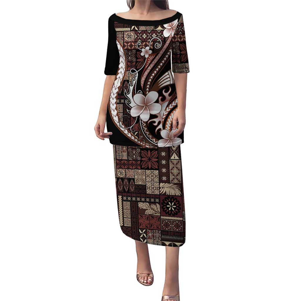 Samoa Siapo Tribal Pattern Family Matching Puletasi and Hawaiian Shirt Brown Polynesian Plumeria Tapa Motif LT9 Mom's Dress Brown - Polynesian Pride