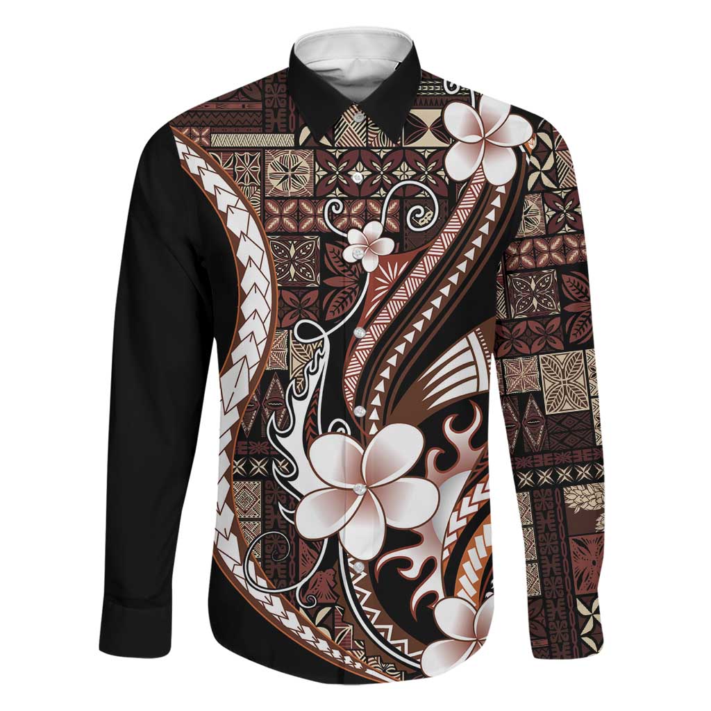 Samoa Siapo Tribal Pattern Family Matching Short Sleeve Bodycon Dress and Hawaiian Shirt Brown Polynesian Plumeria Tapa Motif LT9 Dad's Shirt - Long Sleeve Brown - Polynesian Pride