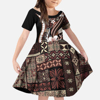 Samoa Siapo Tribal Pattern Family Matching Summer Maxi Dress and Hawaiian Shirt Brown Polynesian Plumeria Tapa Motif LT9 Daughter's Dress Brown - Polynesian Pride