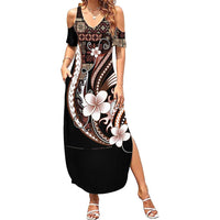 Samoa Siapo Tribal Pattern Family Matching Summer Maxi Dress and Hawaiian Shirt Brown Polynesian Plumeria Tapa Motif LT9 Mom's Dress Brown - Polynesian Pride