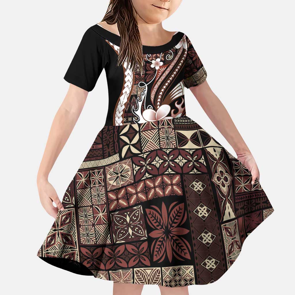 Samoa Siapo Tribal Pattern Family Matching Tank Maxi Dress and Hawaiian Shirt Brown Polynesian Plumeria Tapa Motif LT9 Daughter's Dress Brown - Polynesian Pride