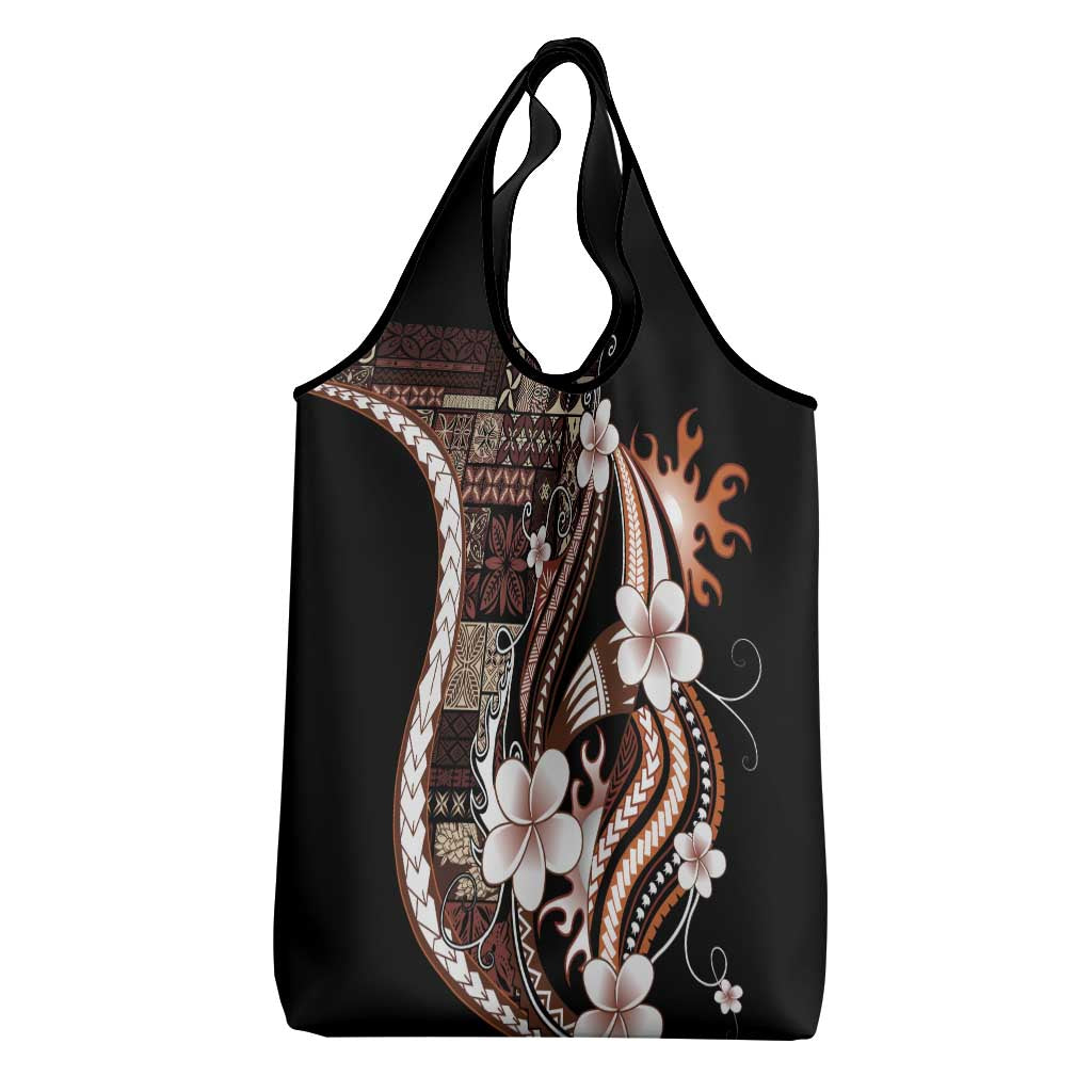 Samoa Siapo Tribal Pattern Grocery Bag Brown Polynesian Plumeria Tapa Motif