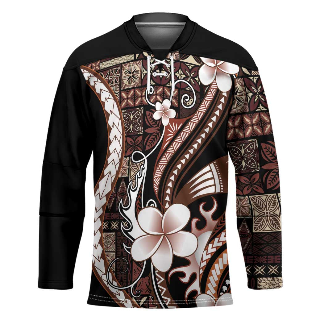 Samoa Siapo Tribal Pattern Hockey Jersey Brown Polynesian Plumeria Tapa Motif LT9 Unisex Brown - Polynesian Pride