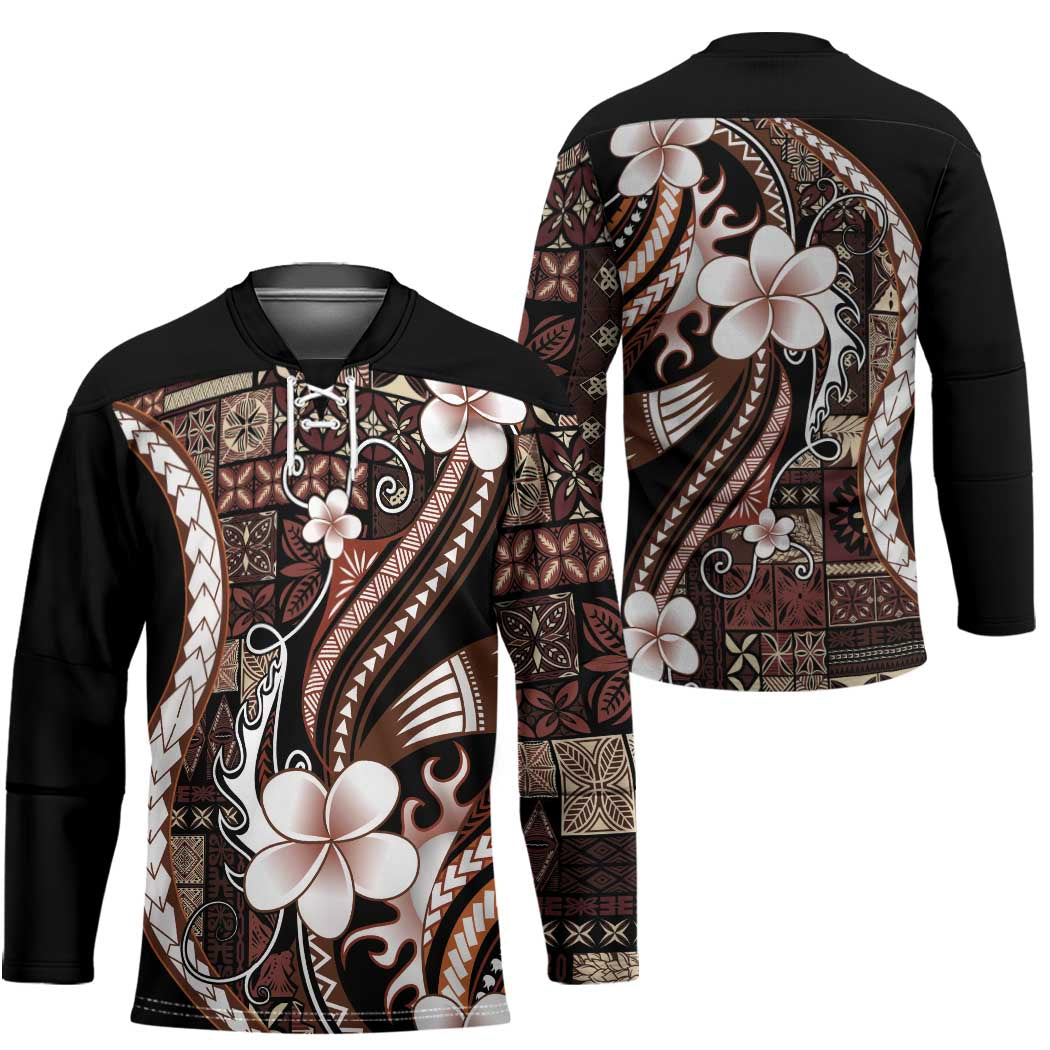 Samoa Siapo Tribal Pattern Hockey Jersey Brown Polynesian Plumeria Tapa Motif LT9 - Polynesian Pride