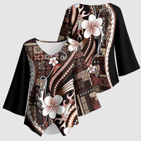 Samoa Siapo Tribal Pattern Kimono Sleeve Blouse Brown Polynesian Plumeria Tapa Motif