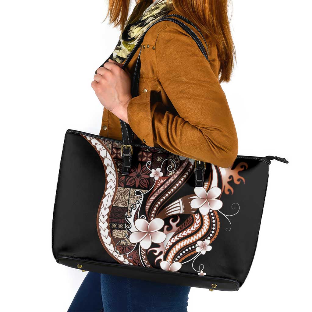 Samoa Siapo Tribal Pattern Leather Tote Bag Brown Polynesian Plumeria Tapa Motif
