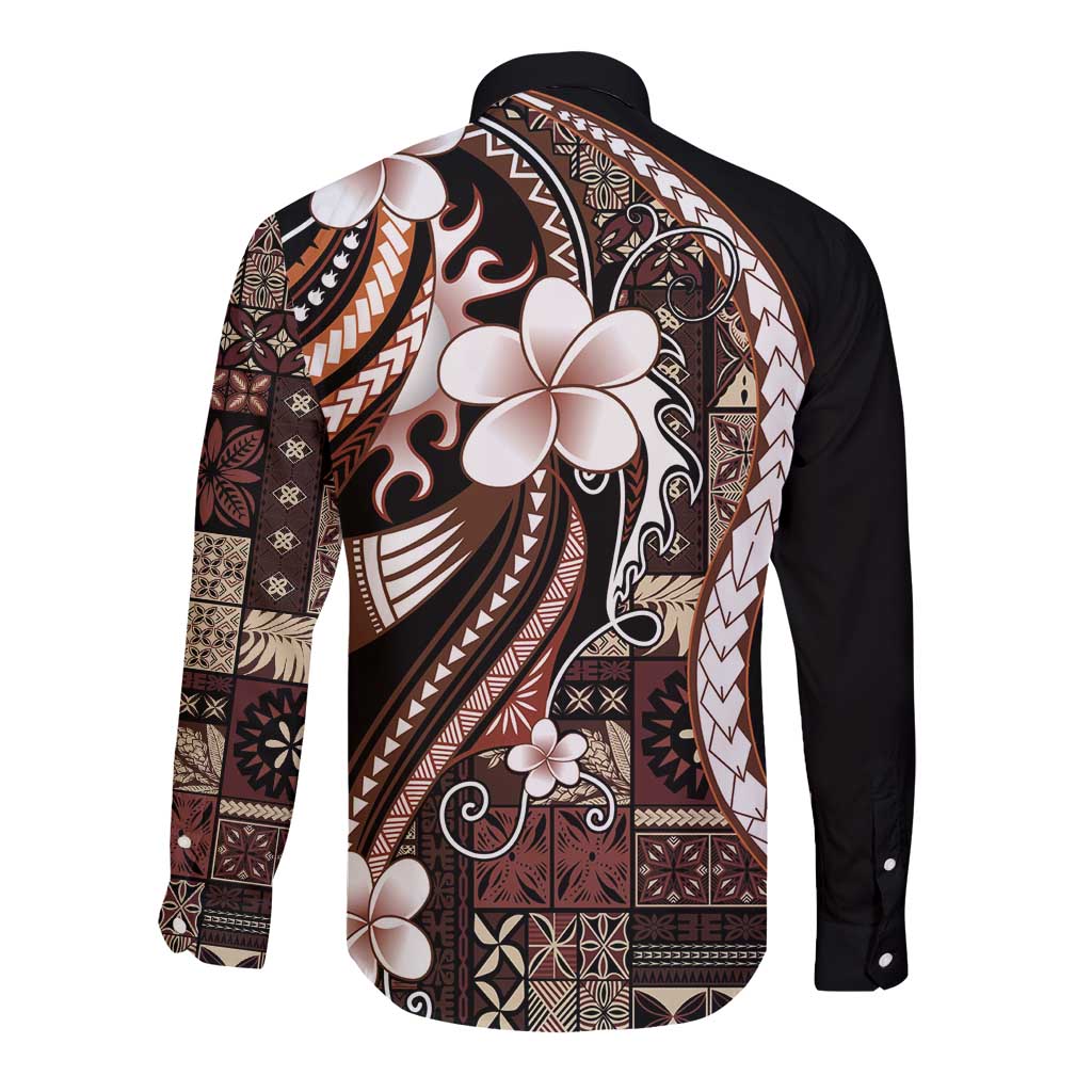 Samoa Siapo Tribal Pattern Long Sleeve Button Shirt Brown Polynesian Plumeria Tapa Motif