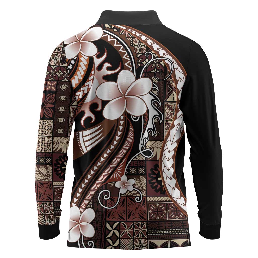 Samoa Siapo Tribal Pattern Long Sleeve Polo Shirt Brown Polynesian Plumeria Tapa Motif