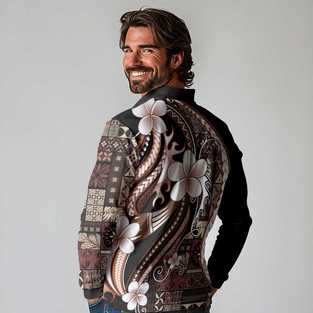 Samoa Siapo Tribal Pattern Long Sleeve Polo Shirt Brown Polynesian Plumeria Tapa Motif