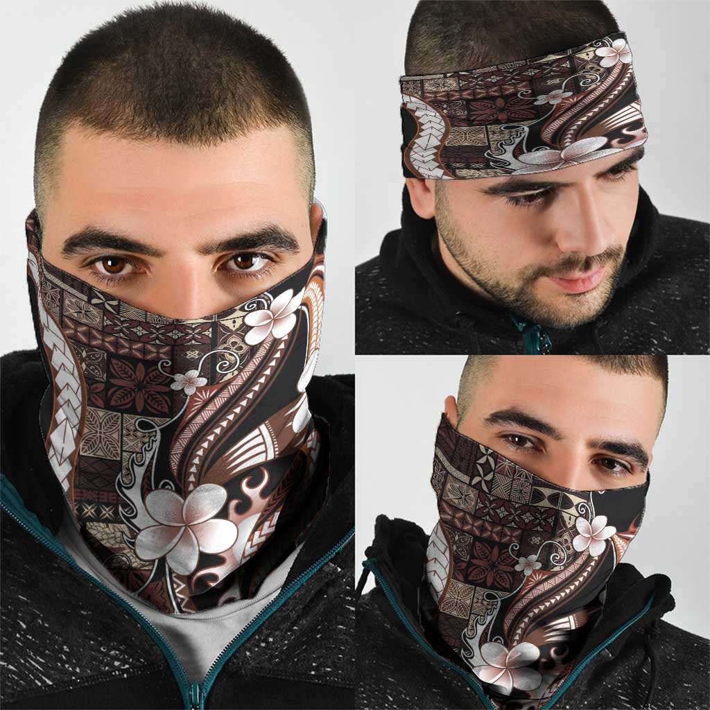 Samoa Siapo Tribal Pattern Neck Gaiter Brown Polynesian Plumeria Tapa Motif