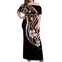 Samoa Siapo Tribal Pattern Off Shoulder Maxi Dress Brown Polynesian Plumeria Tapa Motif