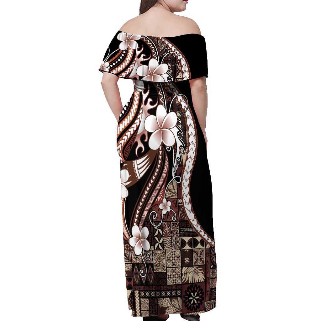 Samoa Siapo Tribal Pattern Off Shoulder Maxi Dress Brown Polynesian Plumeria Tapa Motif