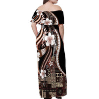 Samoa Siapo Tribal Pattern Off Shoulder Maxi Dress Brown Polynesian Plumeria Tapa Motif
