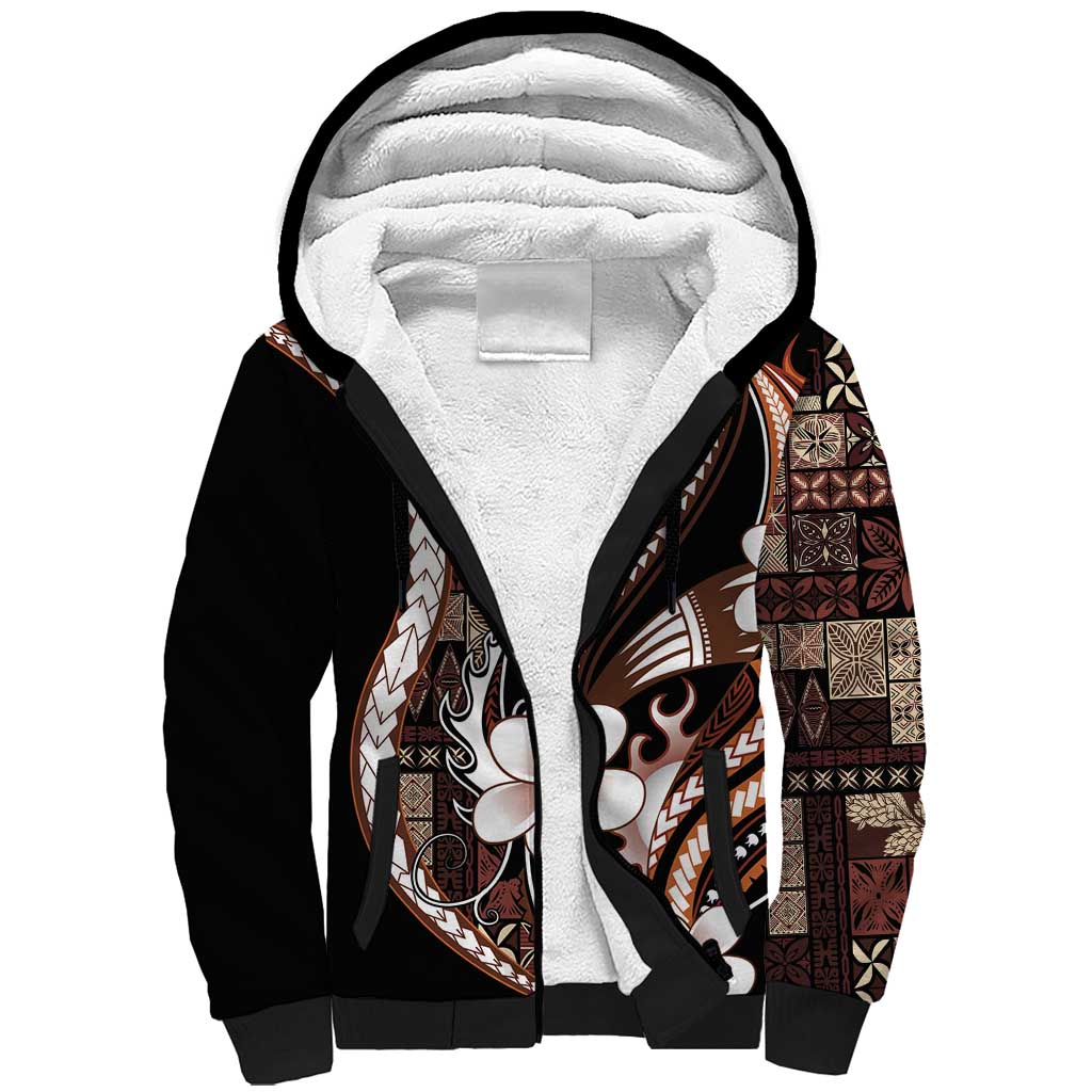 Samoa Siapo Tribal Pattern Sherpa Hoodie Brown Polynesian Plumeria Tapa Motif