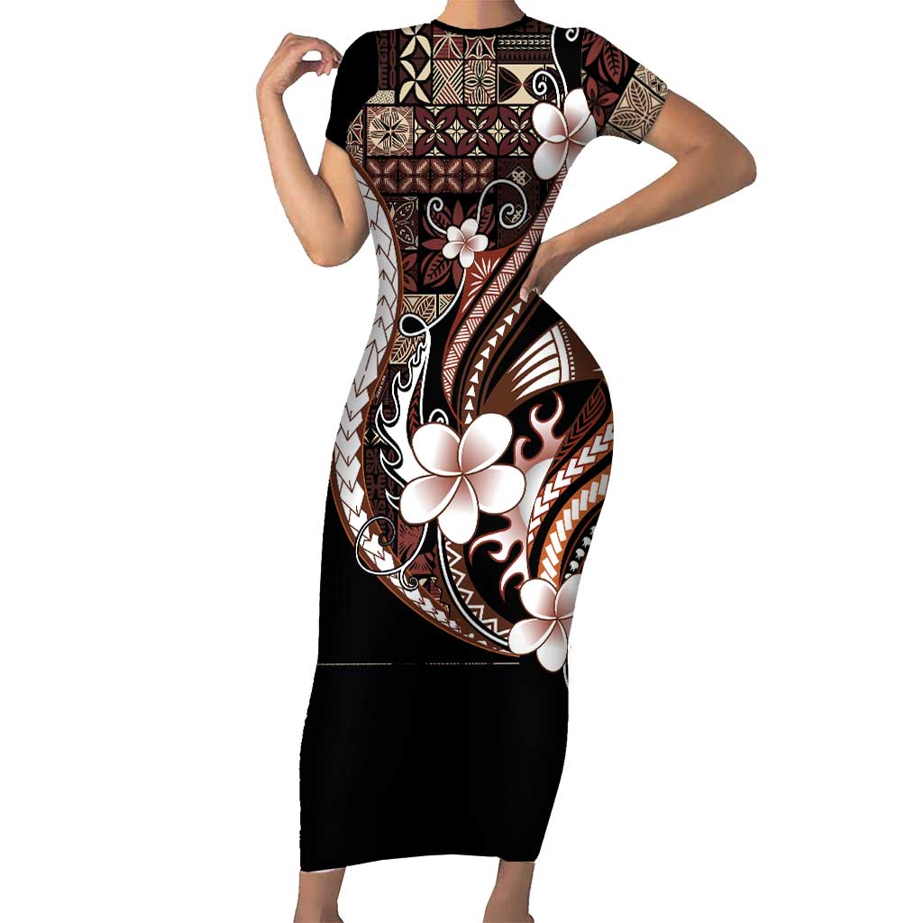 Samoa Siapo Tribal Pattern Short Sleeve Bodycon Dress Brown Polynesian Plumeria Tapa Motif