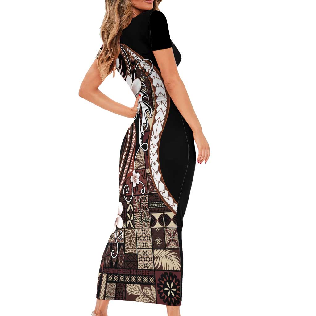 Samoa Siapo Tribal Pattern Short Sleeve Bodycon Dress Brown Polynesian Plumeria Tapa Motif