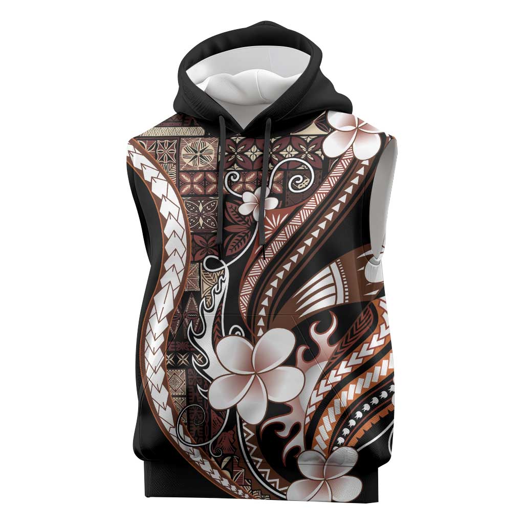 Samoa Siapo Tribal Pattern Sleeveless Hoodie Brown Polynesian Plumeria Tapa Motif
