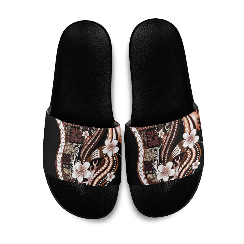 Samoa Siapo Tribal Pattern Slide Sandals Brown Polynesian Plumeria Tapa Motif