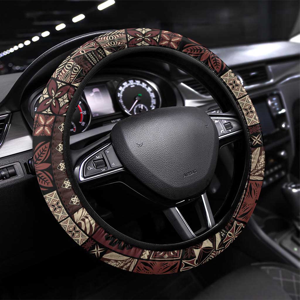 Samoa Siapo Tribal Pattern Steering Wheel Cover Brown Polynesian Plumeria Tapa Motif LT9 Universal Fit Brown - Polynesian Pride