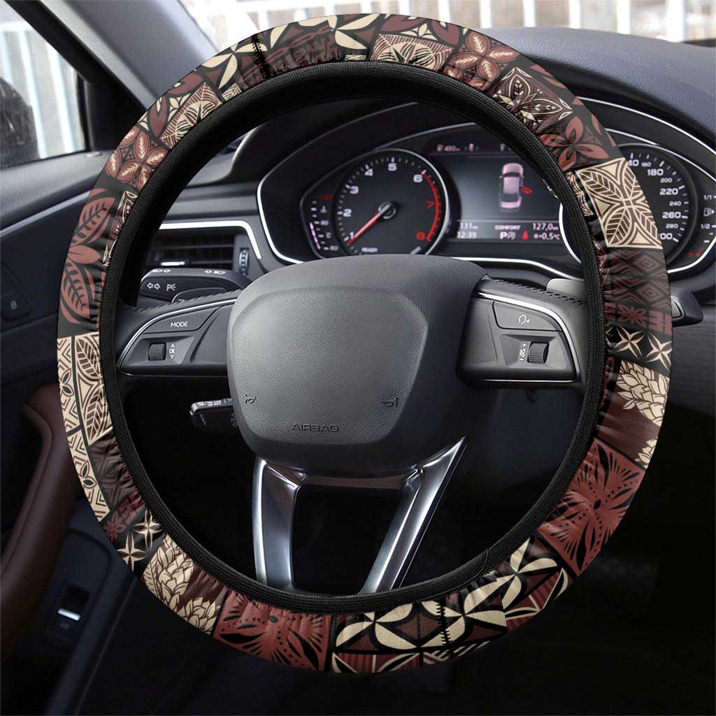 Samoa Siapo Tribal Pattern Steering Wheel Cover Brown Polynesian Plumeria Tapa Motif LT9 - Polynesian Pride