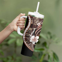 Samoa Siapo Tribal Pattern Tumbler With Handle Brown Polynesian Plumeria Tapa Motif