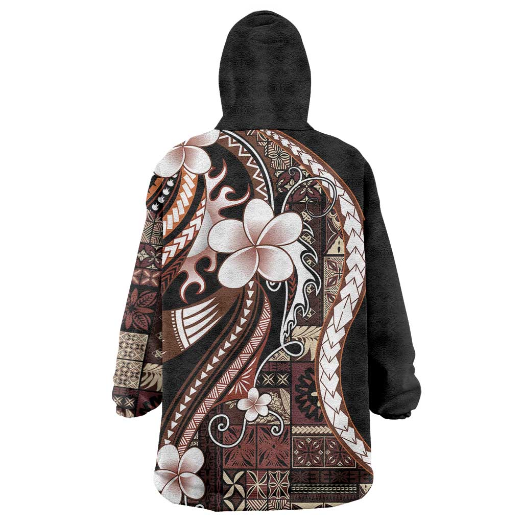 Samoa Siapo Tribal Pattern Wearable Blanket Hoodie Brown Polynesian Plumeria Tapa Motif