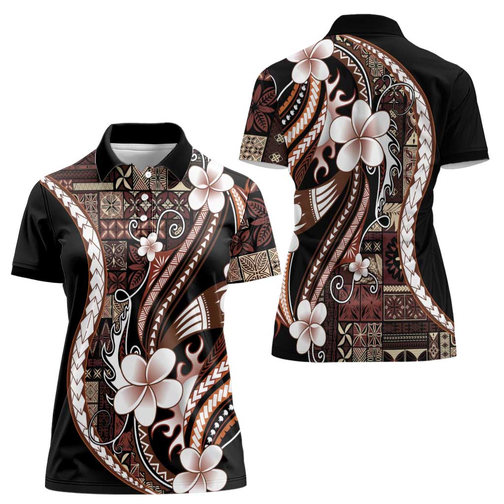 Samoa Siapo Tribal Pattern Women Polo Shirt Brown Polynesian Plumeria Tapa Motif