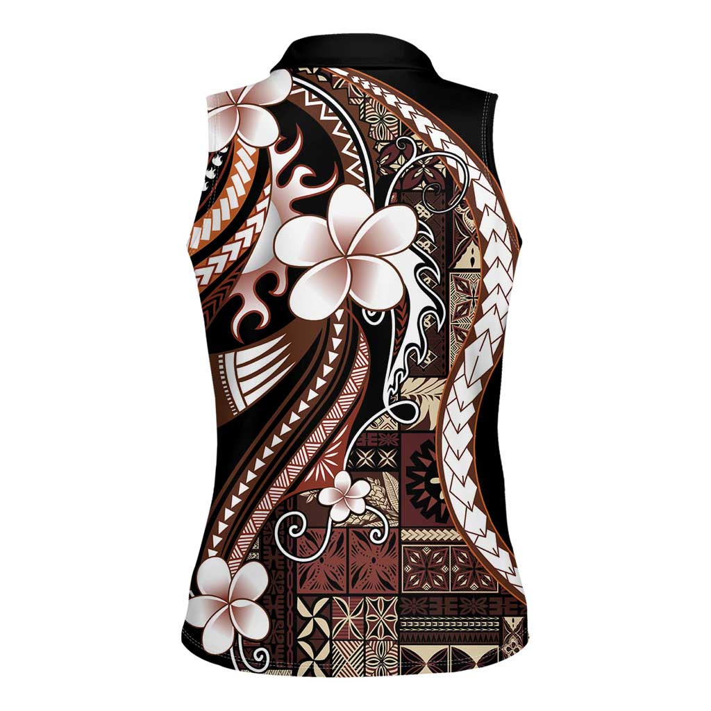 Samoa Siapo Tribal Pattern Women Sleeveless Polo Shirt Brown Polynesian Plumeria Tapa Motif LT9 - Polynesian Pride