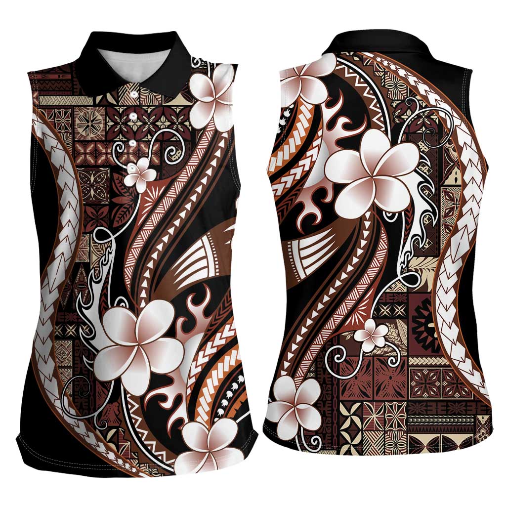 Samoa Siapo Tribal Pattern Women Sleeveless Polo Shirt Brown Polynesian Plumeria Tapa Motif LT9 - Polynesian Pride