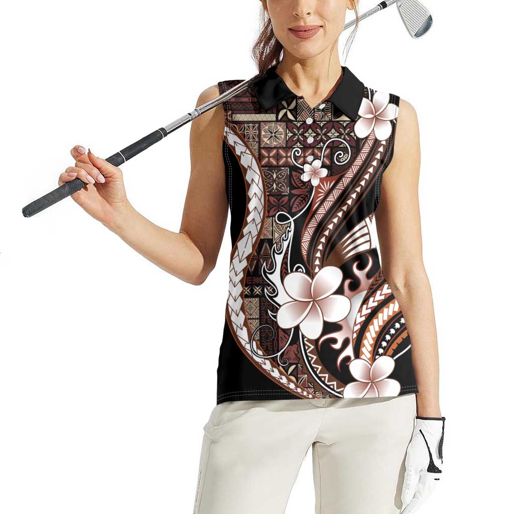 Samoa Siapo Tribal Pattern Women Sleeveless Polo Shirt Brown Polynesian Plumeria Tapa Motif LT9 - Polynesian Pride
