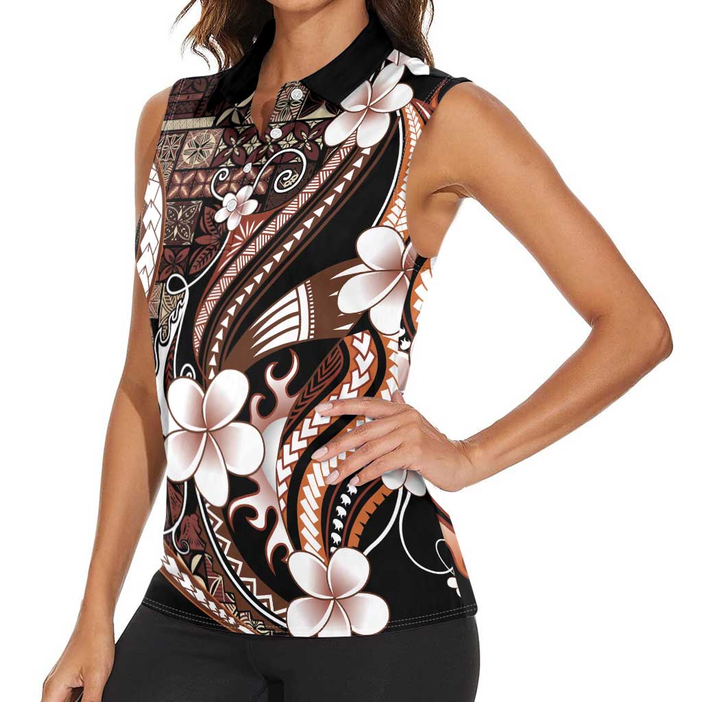 Samoa Siapo Tribal Pattern Women Sleeveless Polo Shirt Brown Polynesian Plumeria Tapa Motif LT9 - Polynesian Pride