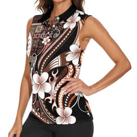Samoa Siapo Tribal Pattern Women Sleeveless Polo Shirt Brown Polynesian Plumeria Tapa Motif LT9 - Polynesian Pride
