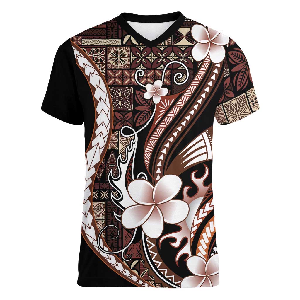 Samoa Siapo Tribal Pattern Women V-Neck T-Shirt Brown Polynesian Plumeria Tapa Motif