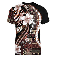 Samoa Siapo Tribal Pattern Women V-Neck T-Shirt Brown Polynesian Plumeria Tapa Motif