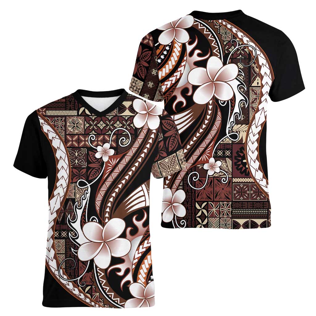 Samoa Siapo Tribal Pattern Women V-Neck T-Shirt Brown Polynesian Plumeria Tapa Motif