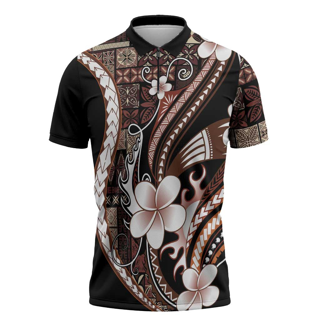 Samoa Siapo Tribal Pattern Zipper Polo Shirt Brown Polynesian Plumeria Tapa Motif LT9 Brown - Polynesian Pride