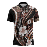 Samoa Siapo Tribal Pattern Zipper Polo Shirt Brown Polynesian Plumeria Tapa Motif LT9 Brown - Polynesian Pride