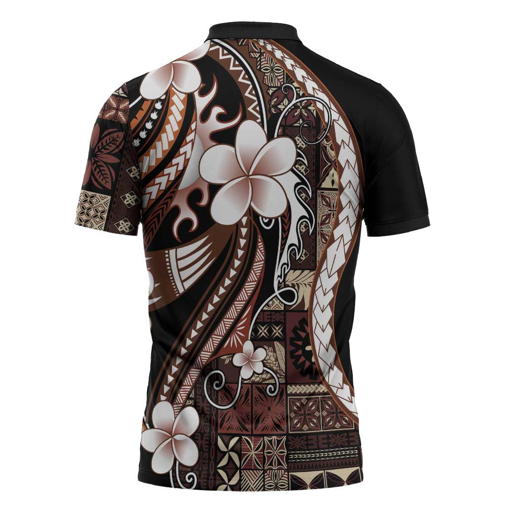 Samoa Siapo Tribal Pattern Zipper Polo Shirt Brown Polynesian Plumeria Tapa Motif LT9 - Polynesian Pride