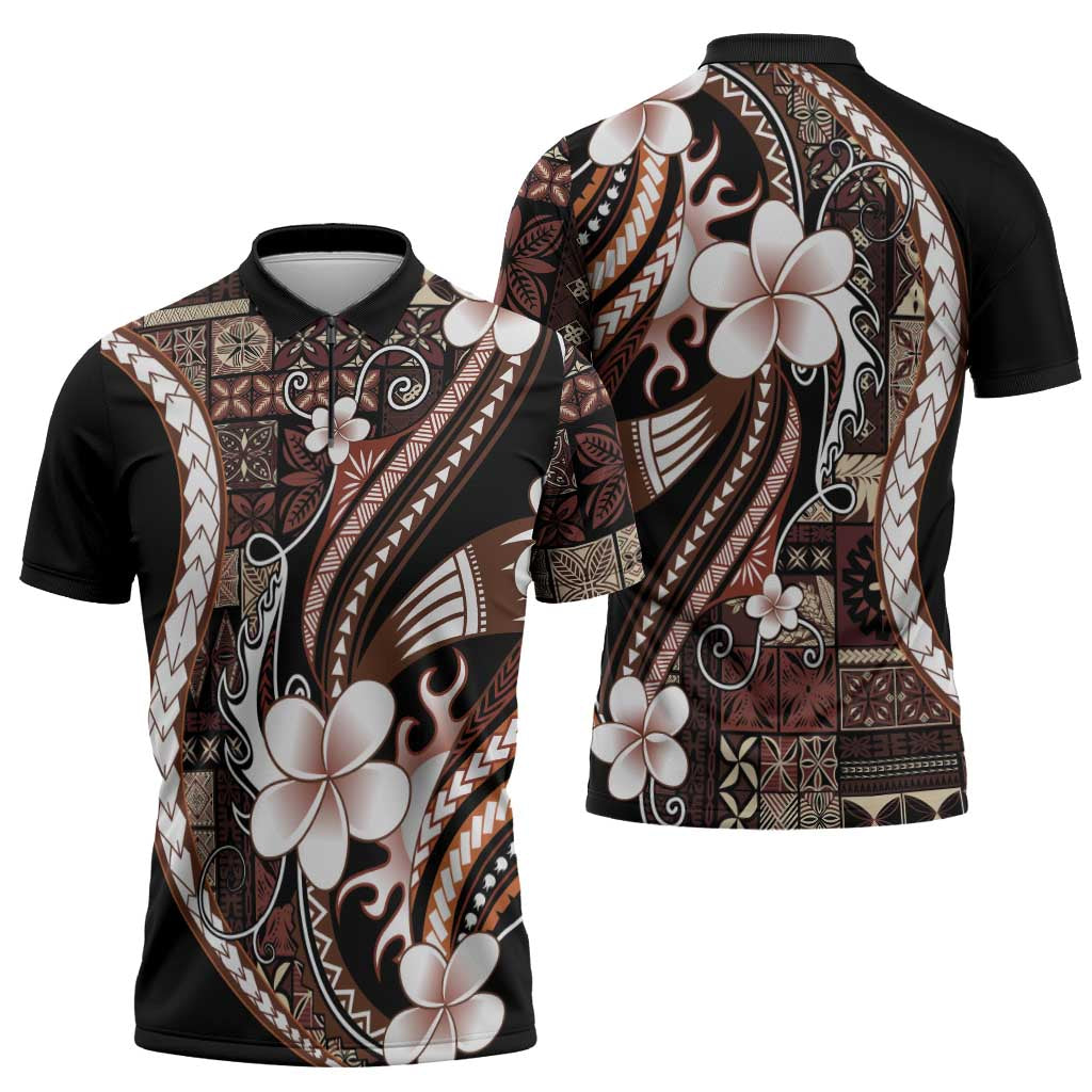 Samoa Siapo Tribal Pattern Zipper Polo Shirt Brown Polynesian Plumeria Tapa Motif LT9 - Polynesian Pride