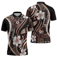 Samoa Siapo Tribal Pattern Zipper Polo Shirt Brown Polynesian Plumeria Tapa Motif LT9 - Polynesian Pride