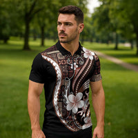 Samoa Siapo Tribal Pattern Zipper Polo Shirt Brown Polynesian Plumeria Tapa Motif LT9 - Polynesian Pride