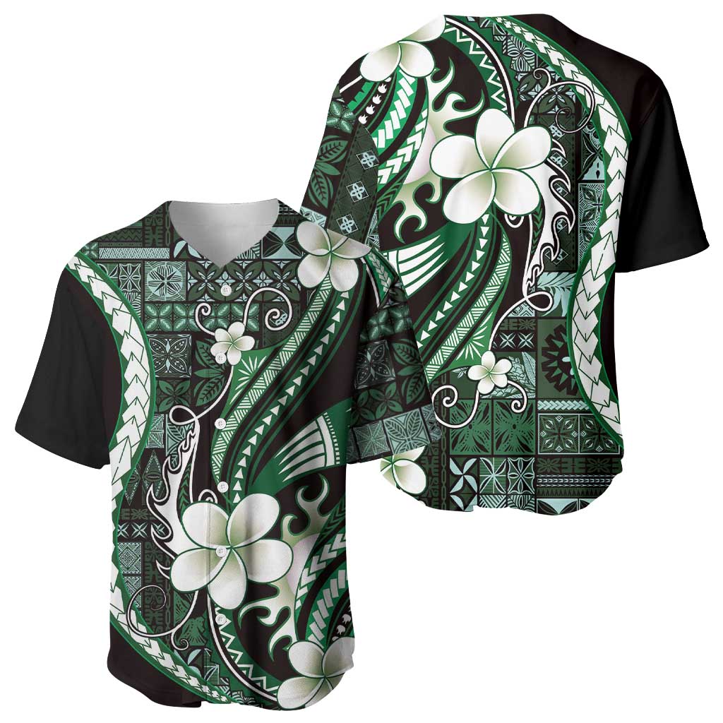 Samoa Siapo Tribal Pattern Baseball Jersey Forest Green Polynesian Plumeria Tapa Motif