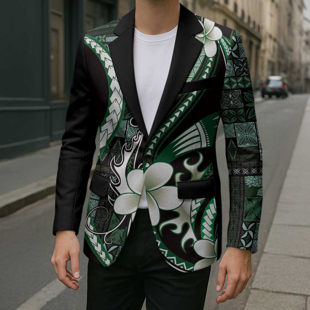 Samoa Siapo Tribal Pattern Blazer Forest Green Polynesian Plumeria Tapa Motif