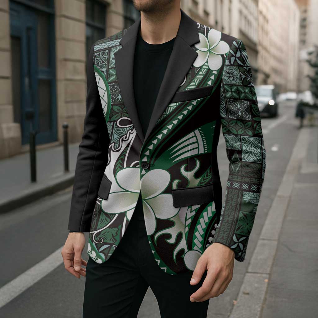 Samoa Siapo Tribal Pattern Blazer Forest Green Polynesian Plumeria Tapa Motif