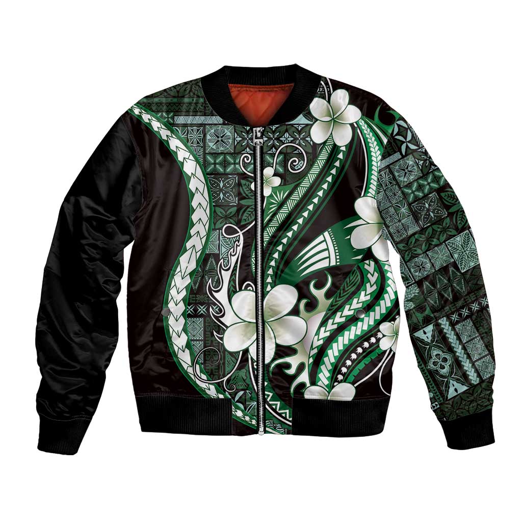 Samoa Siapo Tribal Pattern Bomber Jacket Forest Green Polynesian Plumeria Tapa Motif