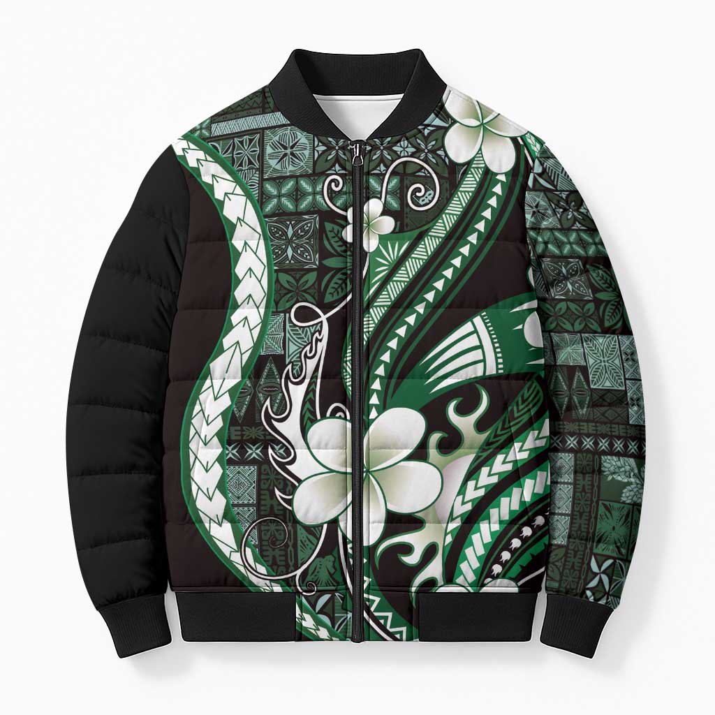 Samoa Siapo Tribal Pattern Bomber Puffer Jacket Forest Green Polynesian Plumeria Tapa Motif