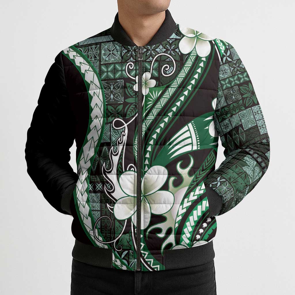 Samoa Siapo Tribal Pattern Bomber Puffer Jacket Forest Green Polynesian Plumeria Tapa Motif
