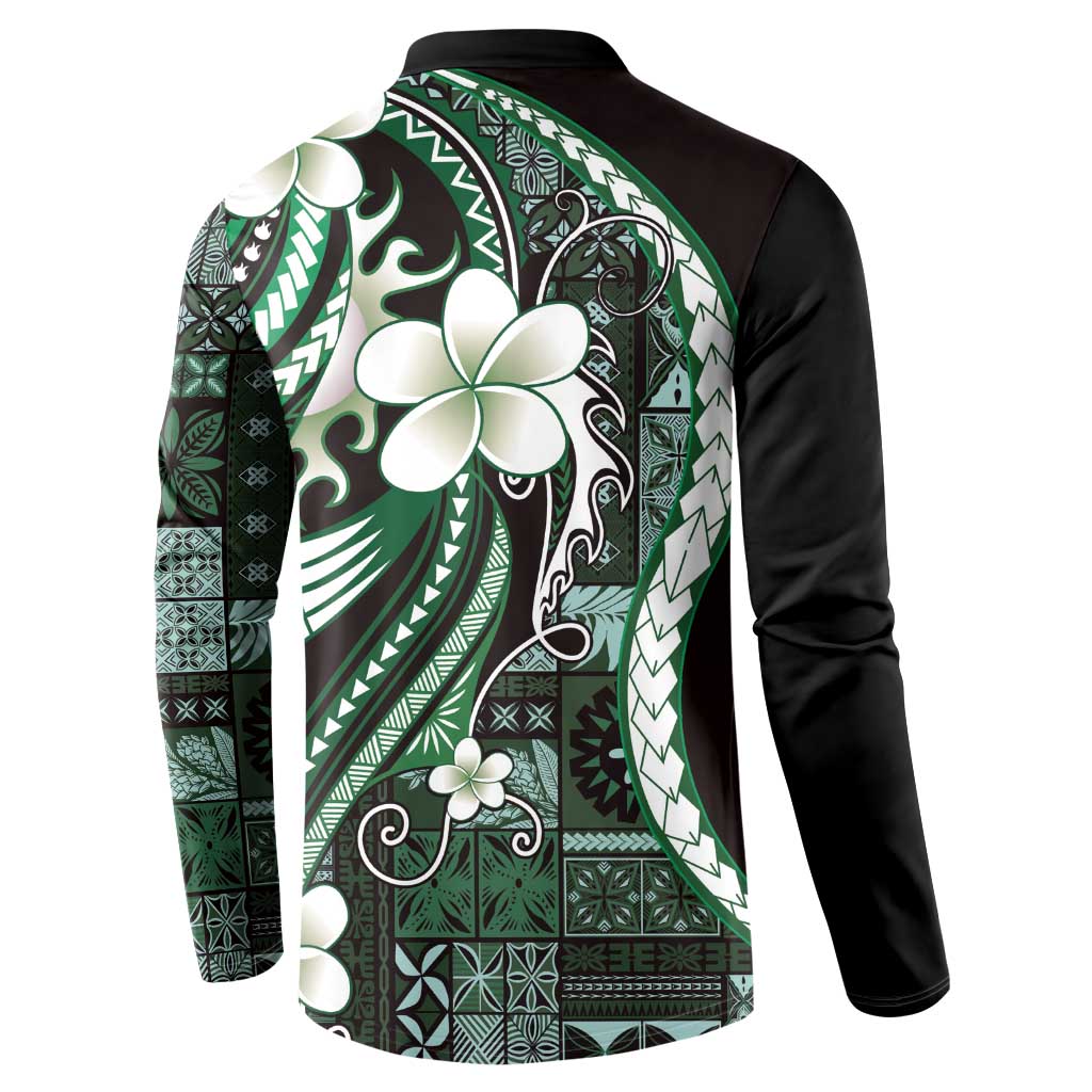 Samoa Siapo Tribal Pattern Button Sweatshirt Forest Green Polynesian Plumeria Tapa Motif